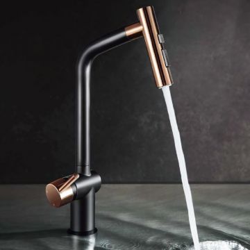 Baterie CookingAid Ferrara Black/Golden Rose cu furtun dus extractibil si buton schimbare dus/jet, culoare negru cu auriu roze Baterie CookingAid Ferrara Black/Golden Rose cu furtun dus extractibil si buton schimbare dus/jet, culoare negru cu auriu roze